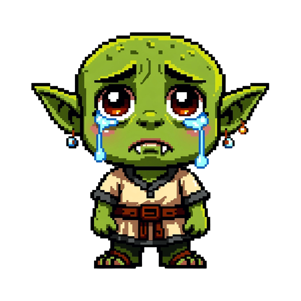 Goblin Twitch emote — sad, Pixel Art style