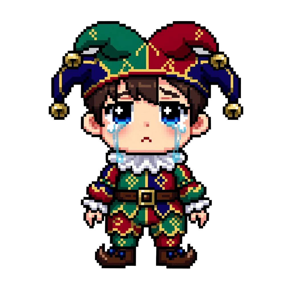 Jester Twitch emote — sad, Pixel Art style