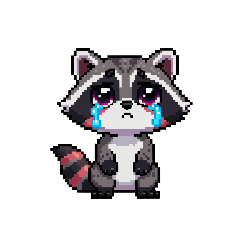 Raccoon Twitch emote — sad, Pixel Art style